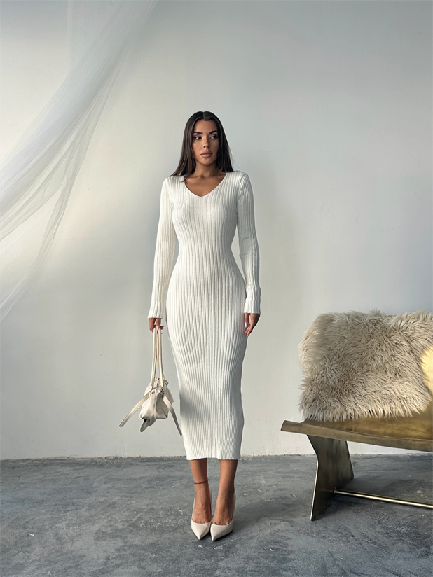 Bel Bağlama Triko Elbise - Ekru