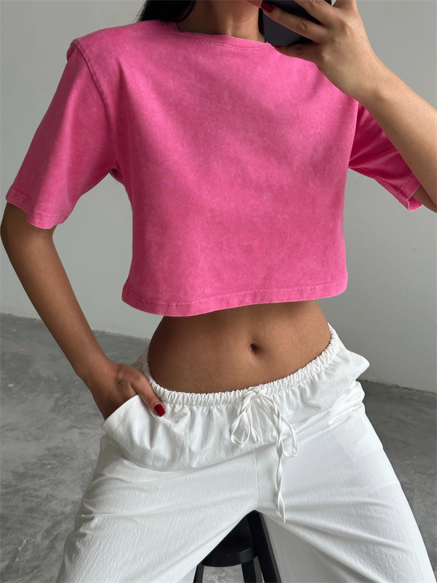 Yıkamalı Vatkalı Crop Basic - Pembe
