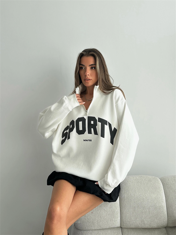 Sporty Yarım Fermuar Sweat - Ekru