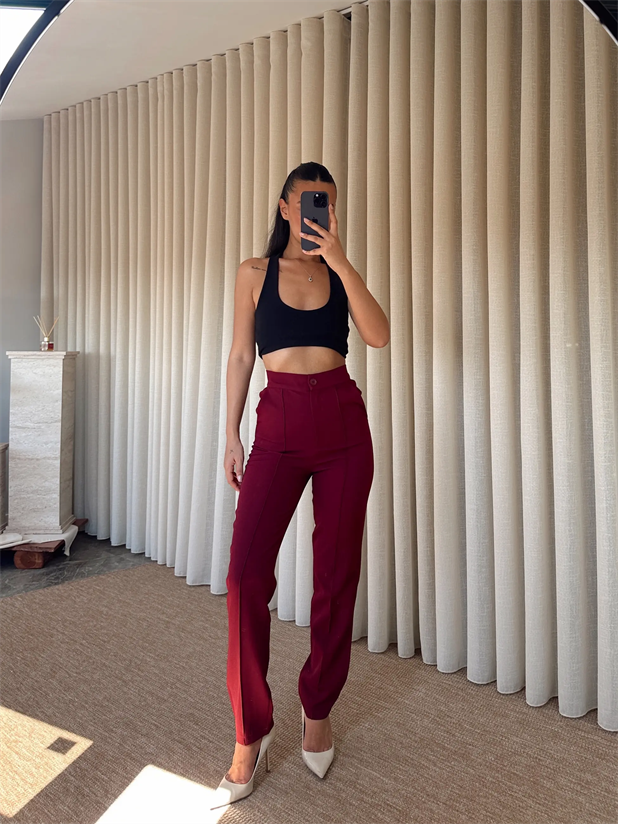 Beli Lastikli Çımalı Pantolon  - Bordo