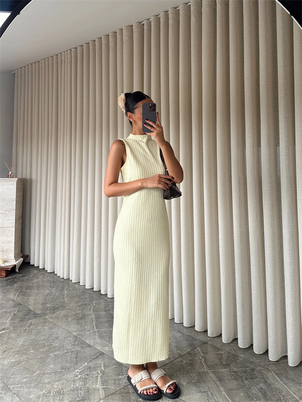 Kendinden Çizgili Sıfır Kol Elbise - Sarı