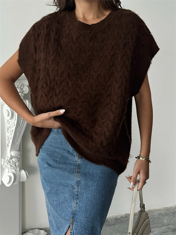 Saç Örgü Oversize Süveter - Kahve