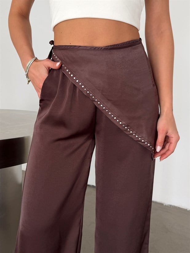 Saten Şallı Jogger Pantolon - Kahve