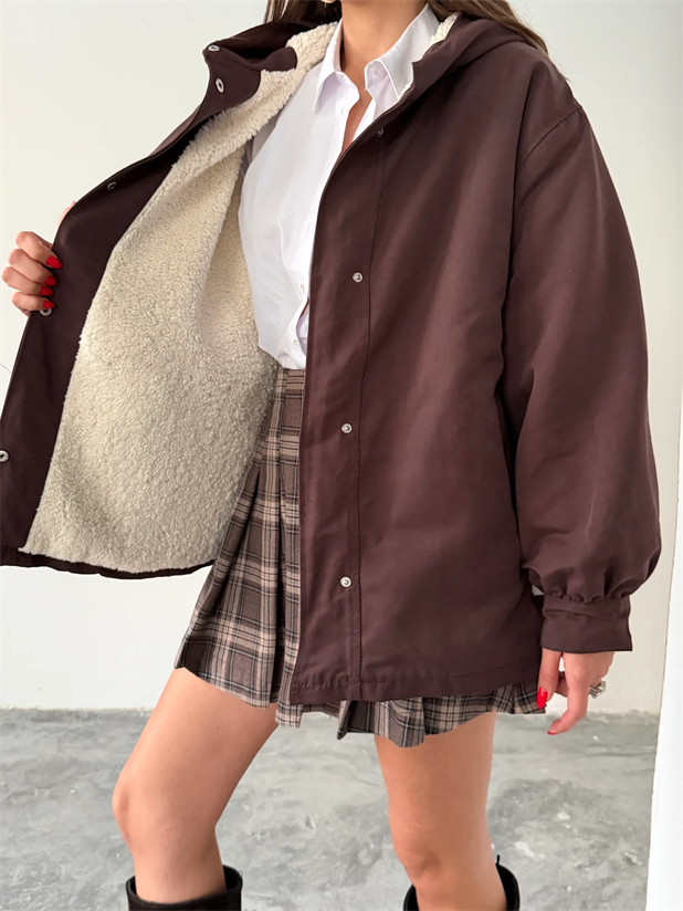 Kapüşonlu İçi Peluş Mont - Kahve