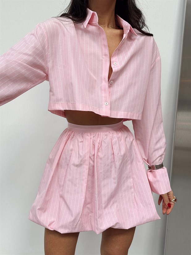 Çizgili Kısa Poplin Gömlek - Pembe