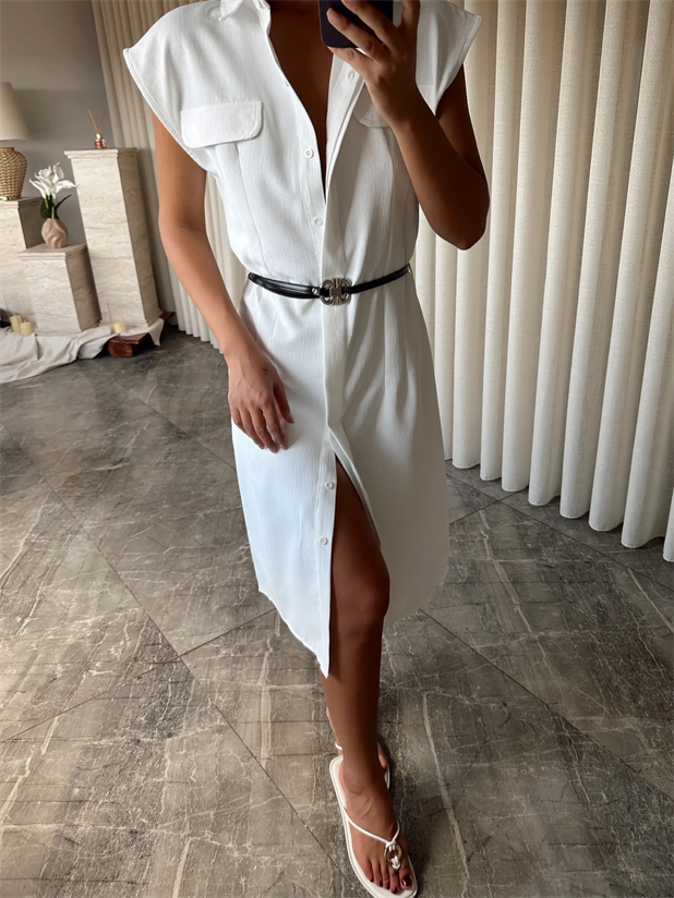 Kemerli Polo Yaka Elbise  - Ekru