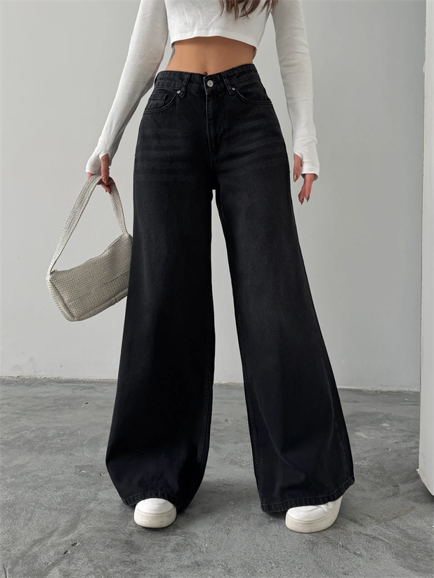 Bol Paça Yıkamalı Jean Pantolon - Siyah