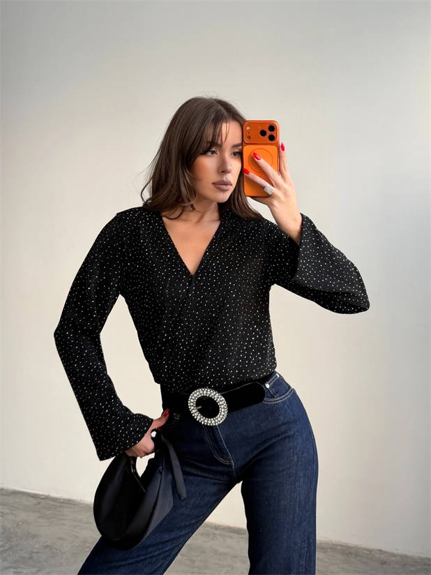 Taşlı Uzun Kol Bodysuit - Siyah