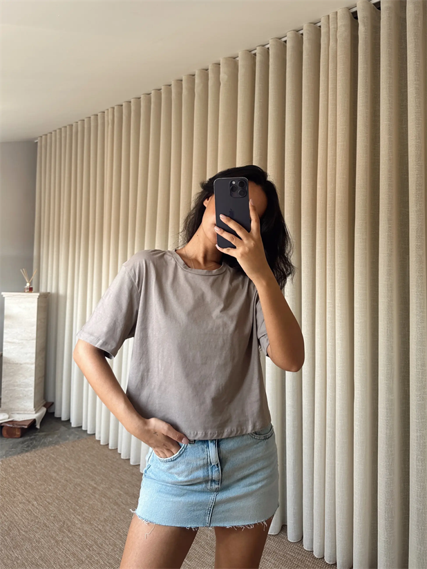 Düz Kısa Kol Crop Basic - Vizon
