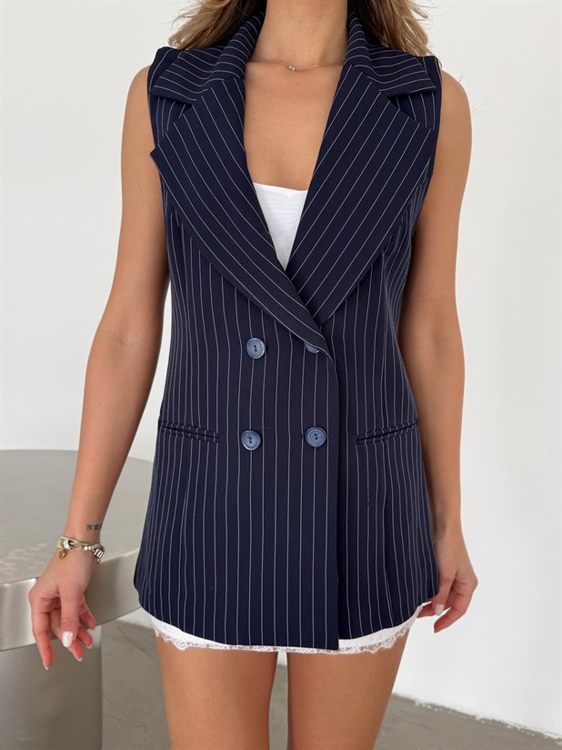 Ceket Yaka Line Yelek - Lacivert