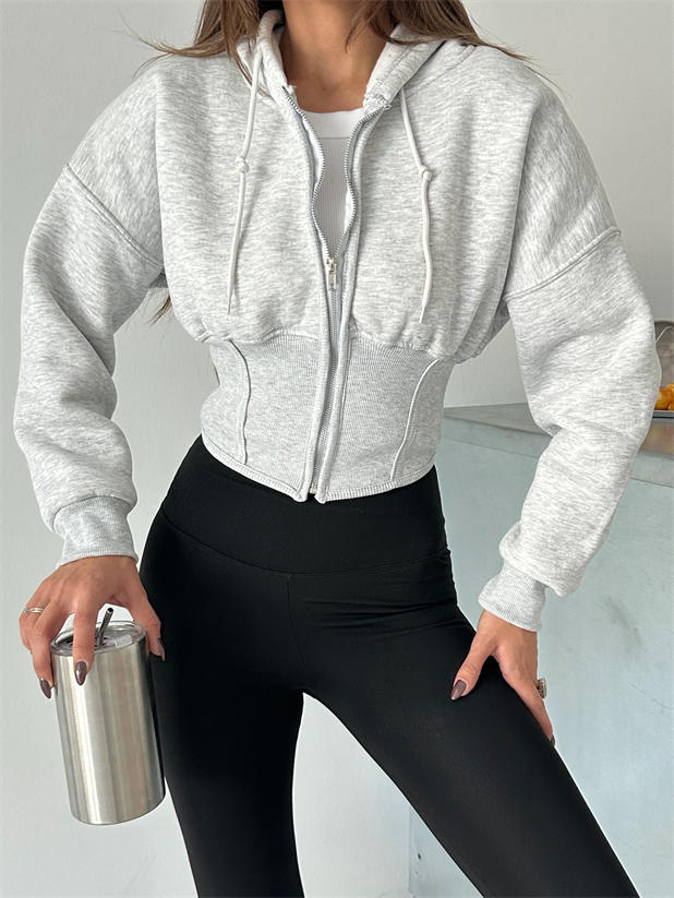 Korse Manşet Fermuarlı Sweat Hırka - Gri