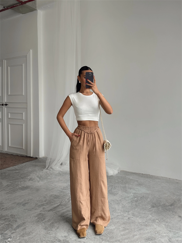 Belina Keten Bel Detay Pantolon Vizon - Vizon