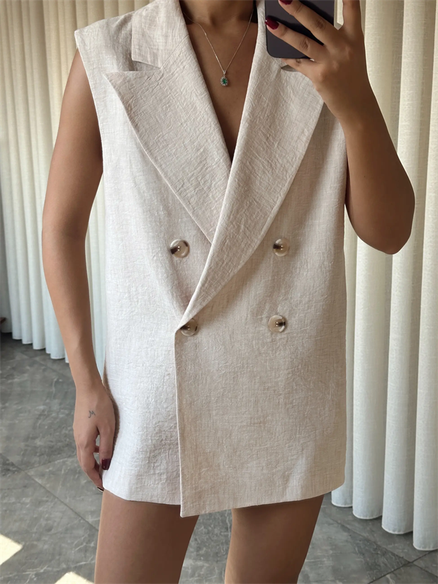 Düğmeli Keten Yelek Bej - Bej