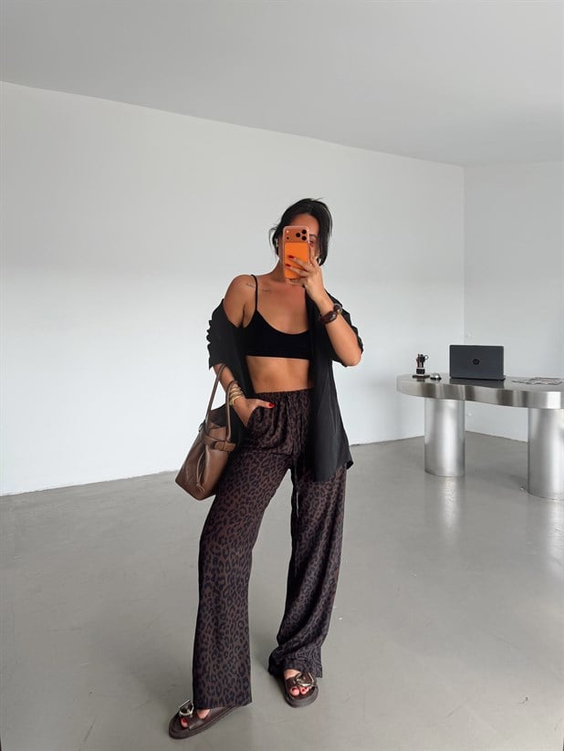 Desenli Parlak Keten Pantolon - Kahve