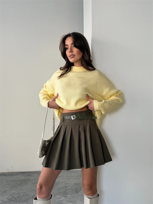 Kemerli Pileli Mini Etek - Haki Yeşil