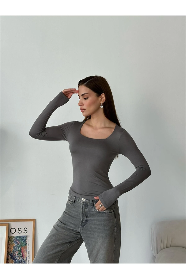 Kare Yaka Basic Bluz Gri - Gri