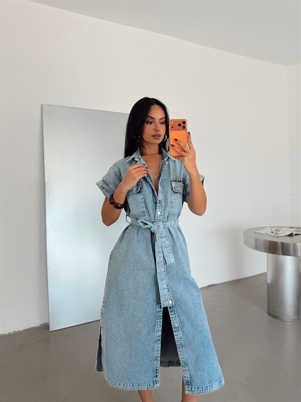 Bağlamalı Kısa Kol Denim Elbise - Buz Mavi