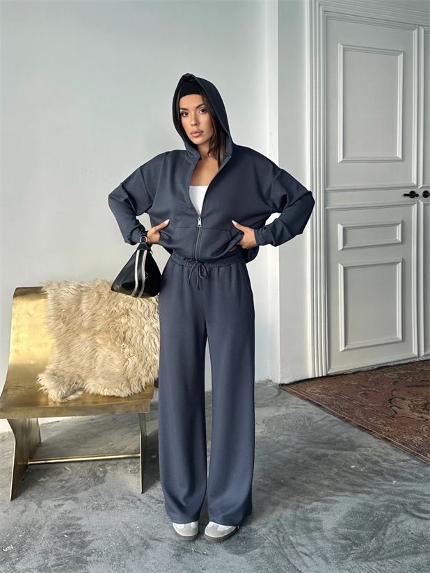 Modal Fermuarlı Sweat-Palazzo Takım - Antrasit