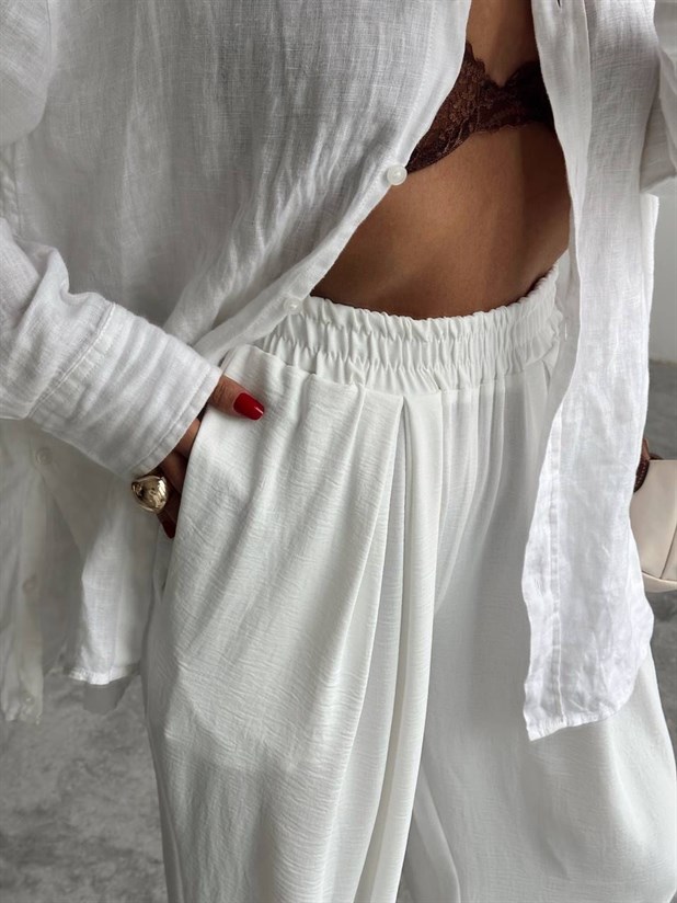 Beli Lastikli Şalvar Pantolon - Beyaz