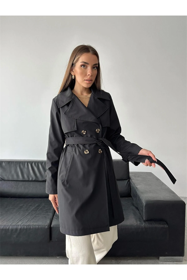 Alba Belden Bağlamalı Trençkot Siyah - Siyah