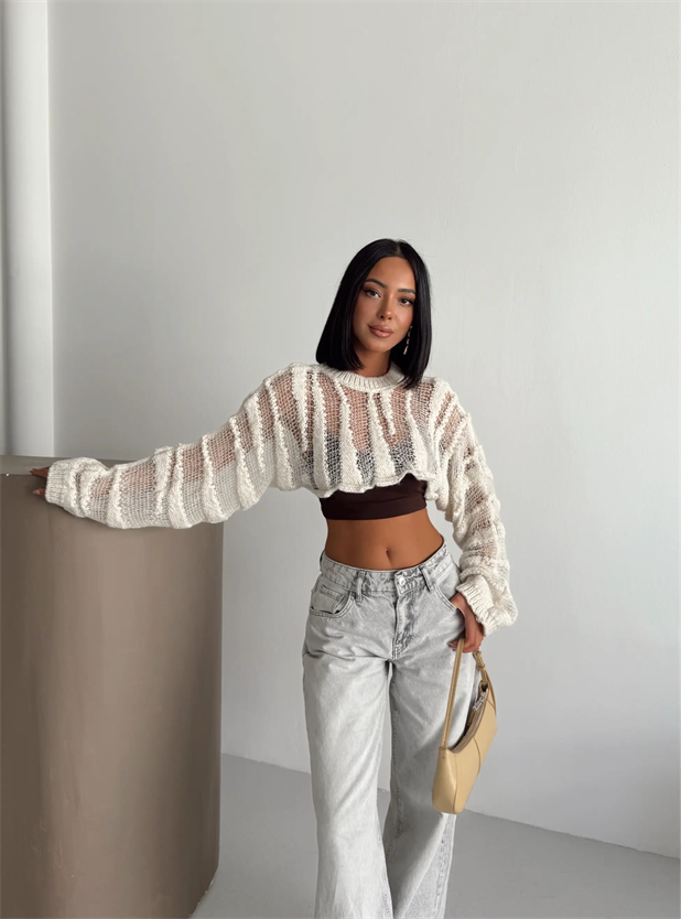 Ajurlu Crop Triko - Krem