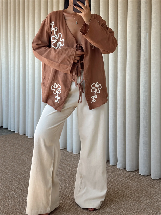Nakışlı Kimono Takım  - Kahve