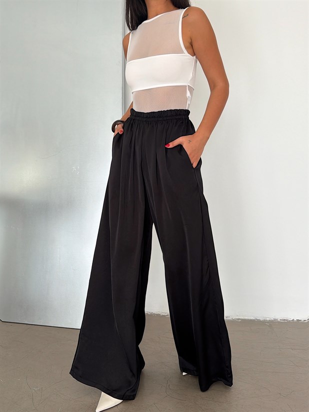 Bol Paça Saten Pantolon - Siyah