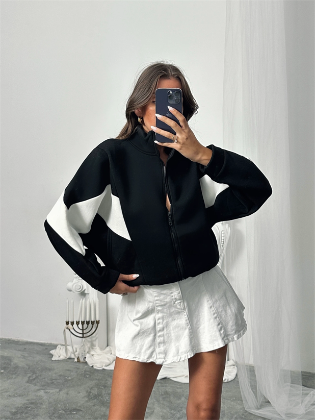 Fermuarlı Blok Hırka - Siyah