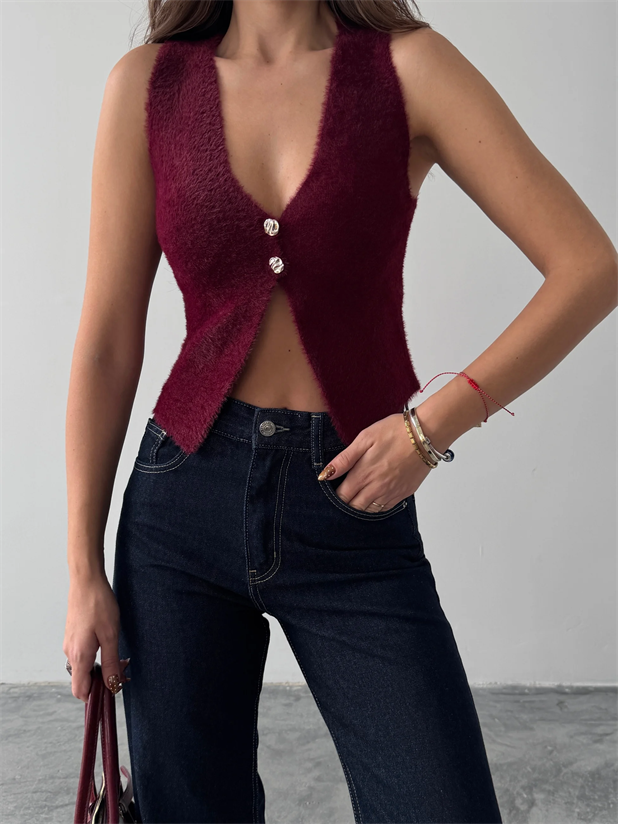 İki Düğmeli Yumoş Yelek - Bordo