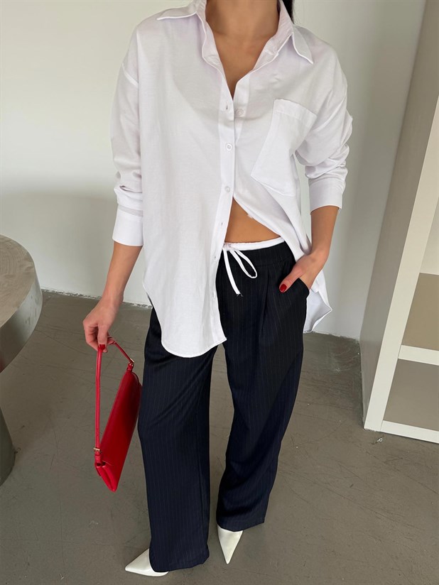 Bel Bağcık Çizgili Palazzo Pantolon - Lacivert 