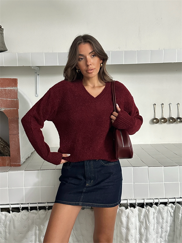 Şardonlu V Yaka Kazak - Bordo