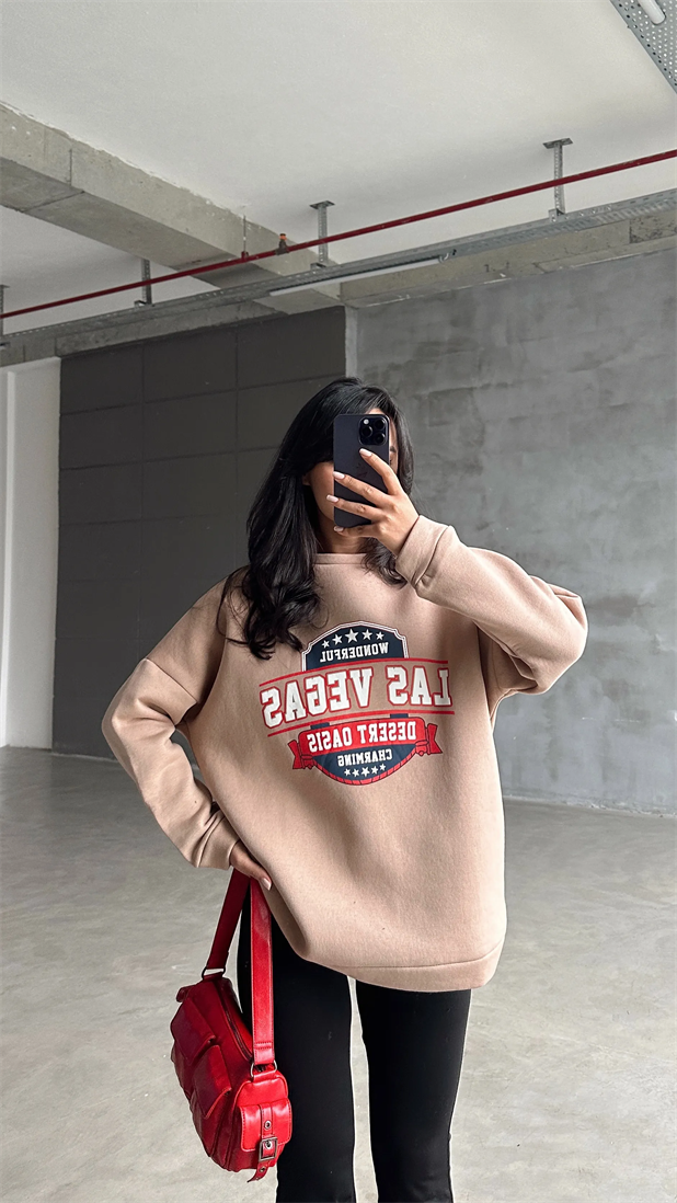 Las Vegas Üç İplik Oversize Sweat Vizon - Vizon