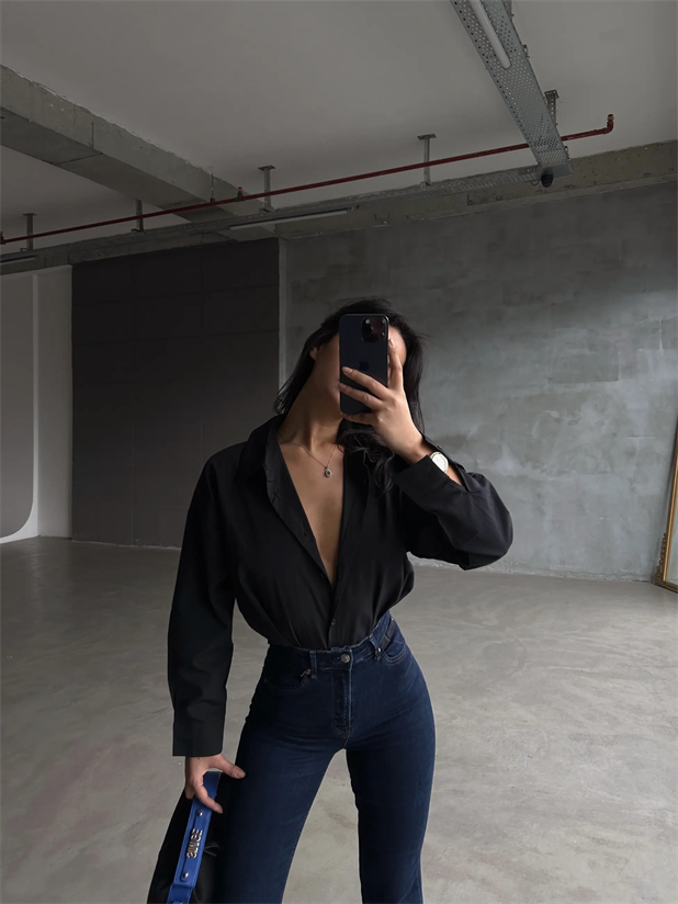 Asimetrik Dikiş Detay Gömlek Siyah - Siyah