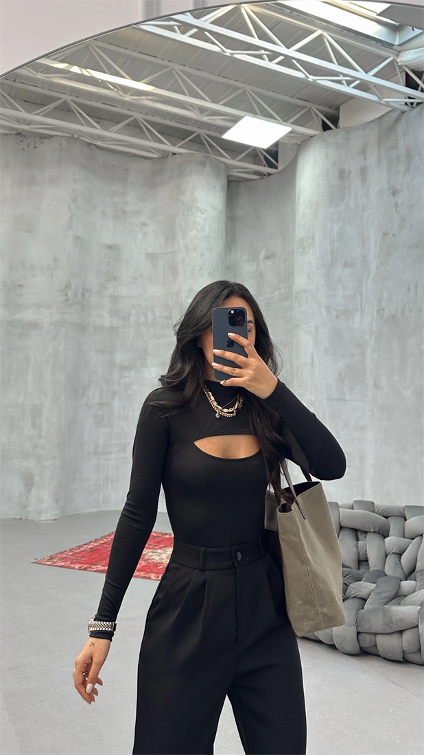Göğüs Dekolte Bodysuit Siyah - Siyah