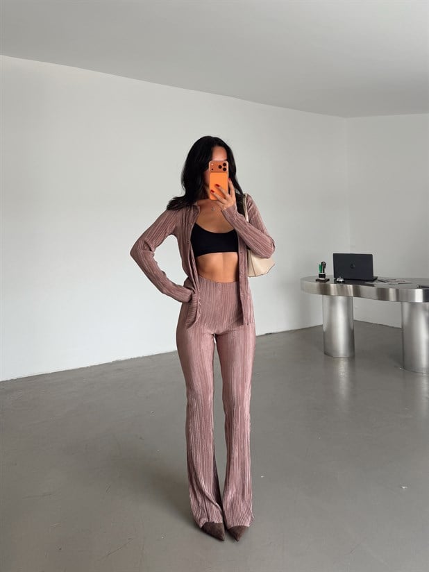 Piliseli Gömlek Pantolon Takım - Gül Kurusu