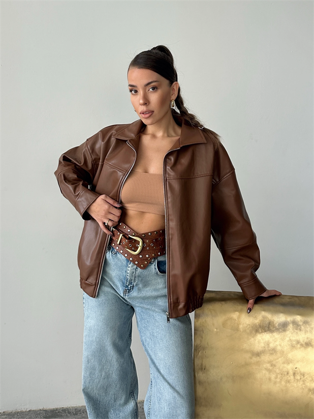 Deri Fermuarlı Bomber Mont - Taba