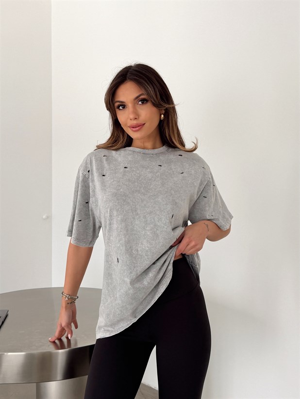 Delikli Yıkama T-shirt - Gri