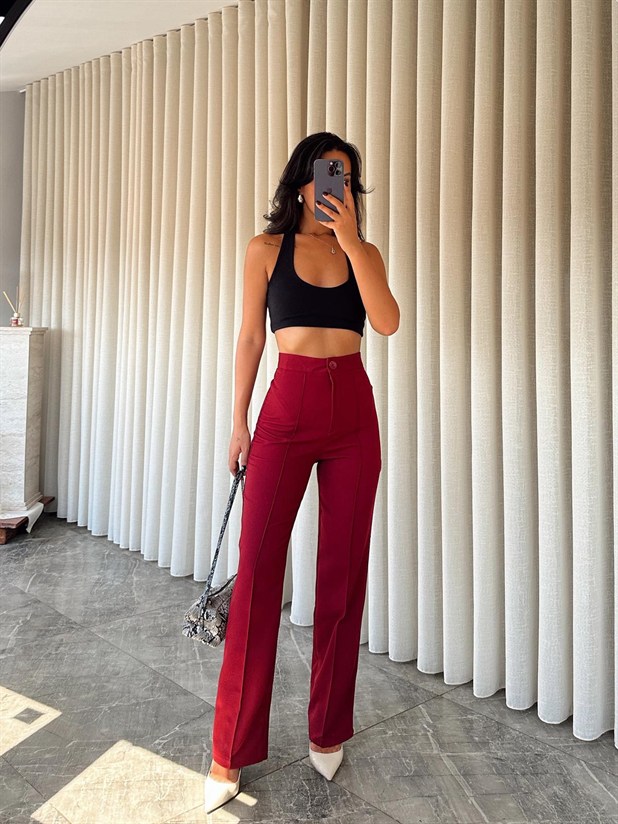 Ön Dikiş Boru Paça Kumaş Pantolon - Bordo