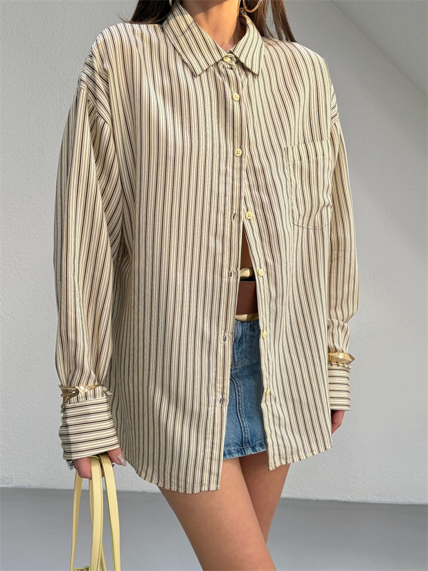 Çizgili Oversize Gömlek - Sarı