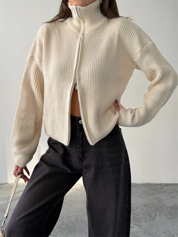 Çift Fermuarlı Triko - Ekru