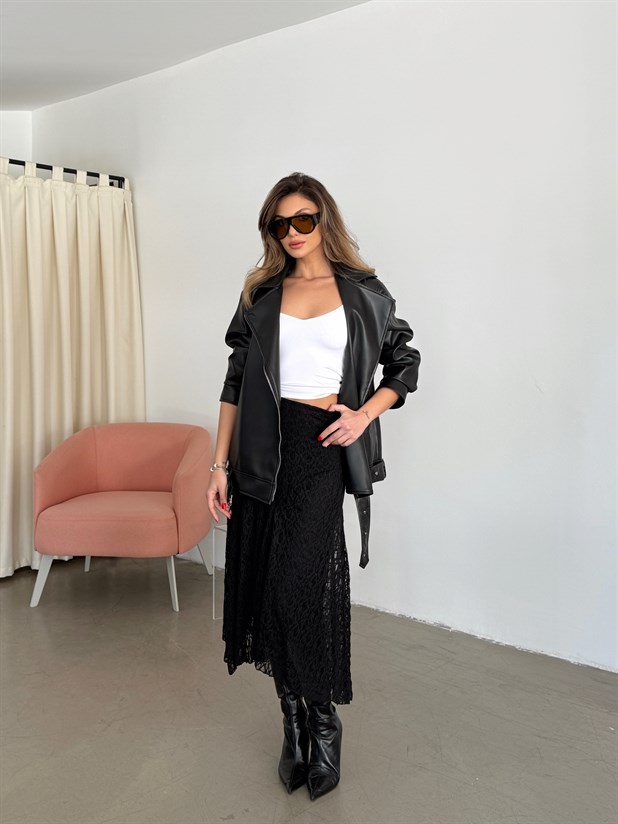 Asimetrik Dantel Etek - Siyah