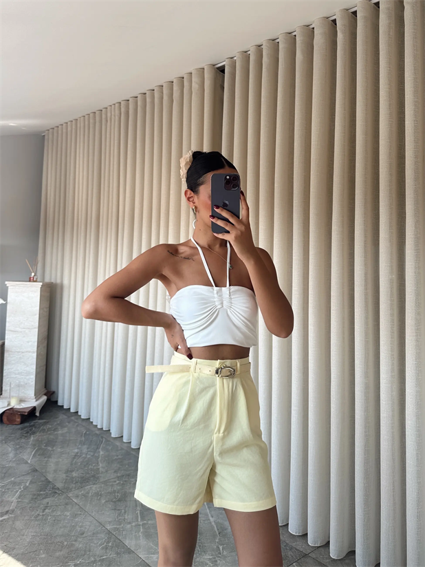 Keten Tek Pile Kemerli Şort - Sarı