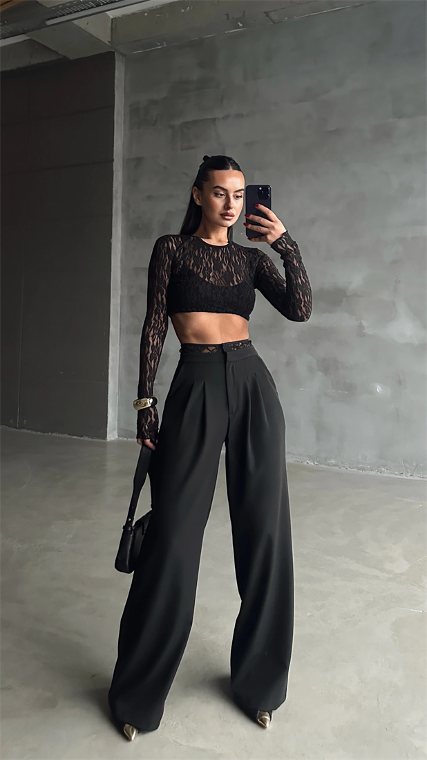 Kemeri Dantel Detaylı Palazzo Pantolon  - Siyah