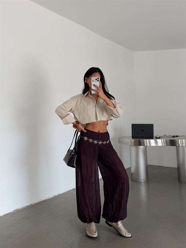 Transparan Müslin Kumaş Balon Pantolon - Mürdüm