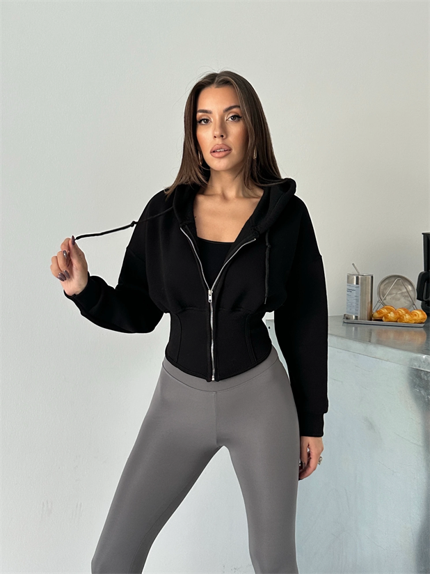 Korse Manşet Fermuarlı Sweat Hırka - Siyah