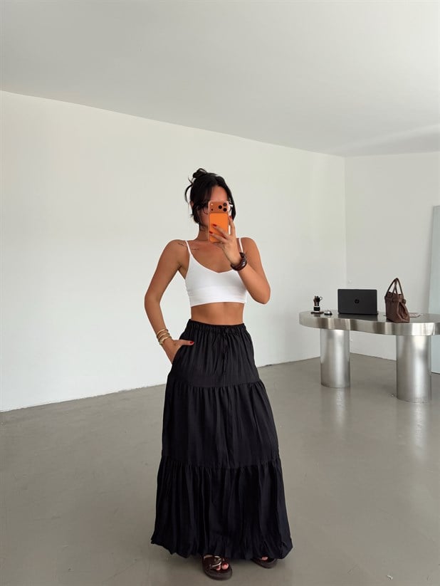 Katlı Maxi Etek - Siyah