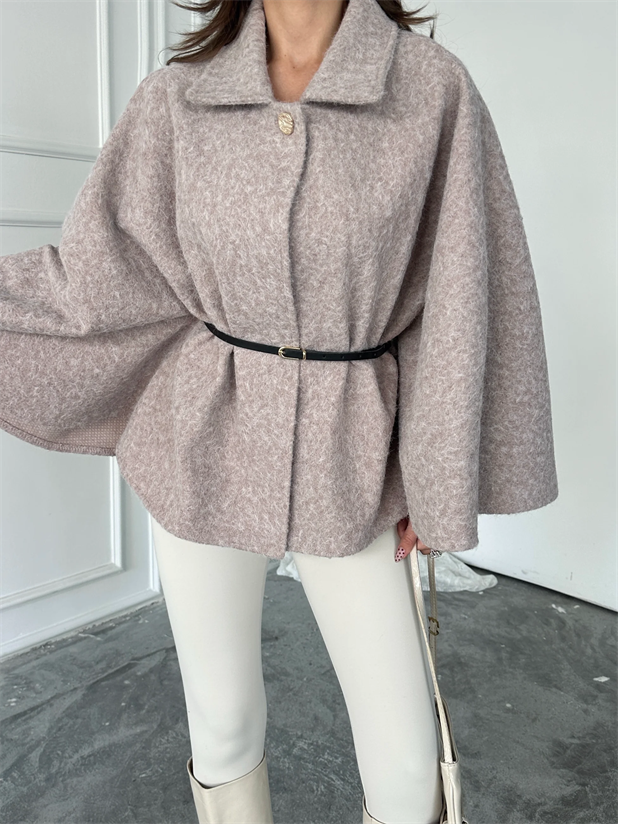 Kırçıllı Kaşe Panço  - Pudra Pembe