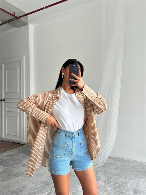 Çift Cep Detay Kot Şort Açık Mavi - Mavi