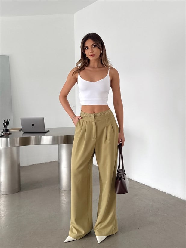 Kemeri Dantel Detaylı Palazzo Pantolon  - Yağ Yeşili