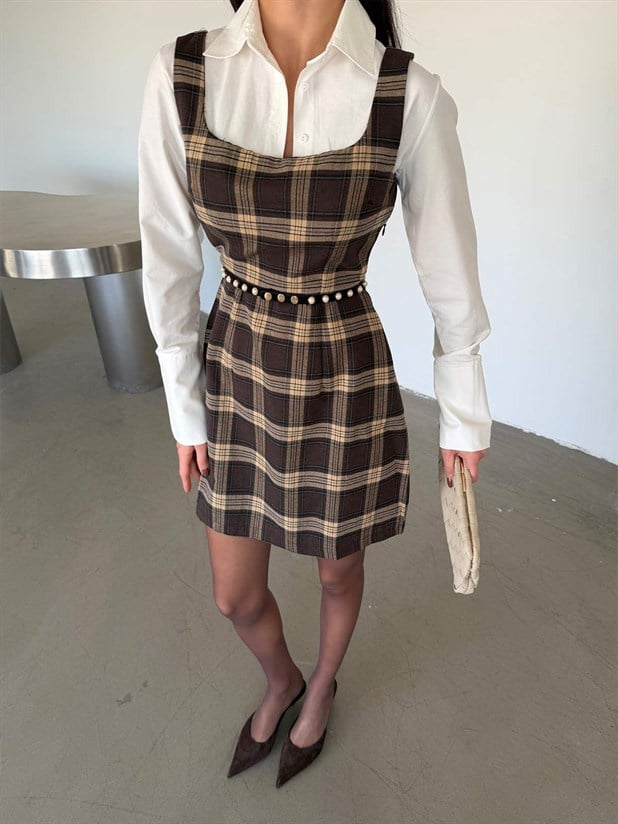 Birleşik Gömlekli Ekose Elbise - Kahve